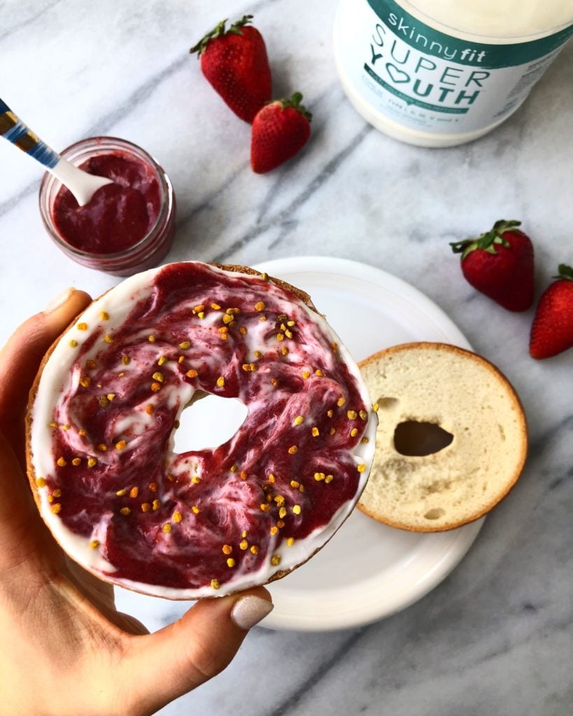 homemade strawberry jam with collagen on a bagel
