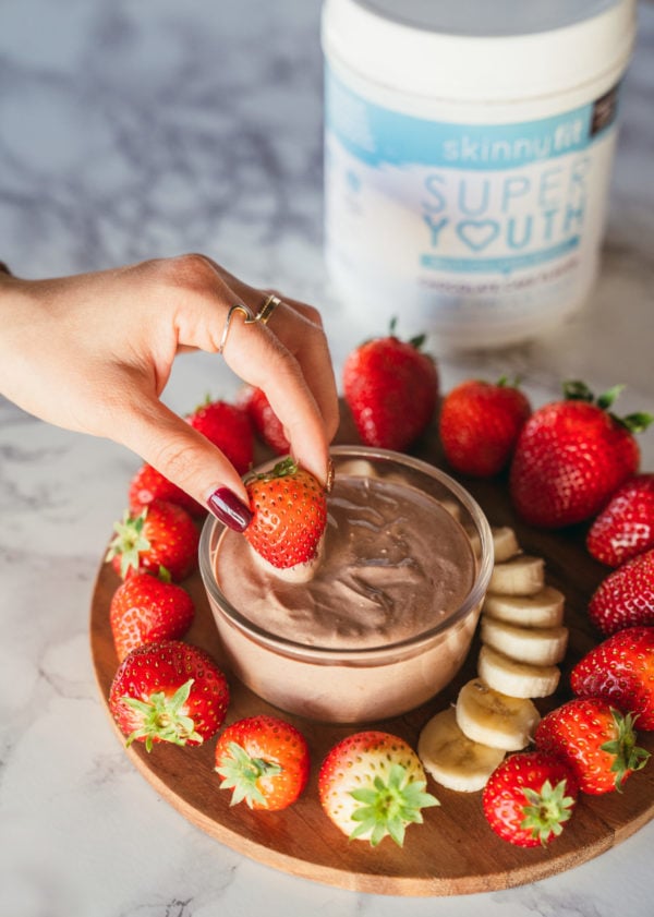 greek yogurt fruit dip with collagen and chocolate