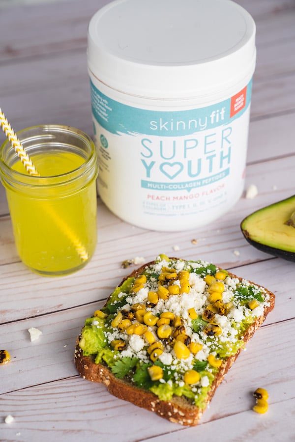 Avocado Toast Recipe With Skinny Fit Super Youth Peach Mango Collagen Container And Refreshing SideDrink