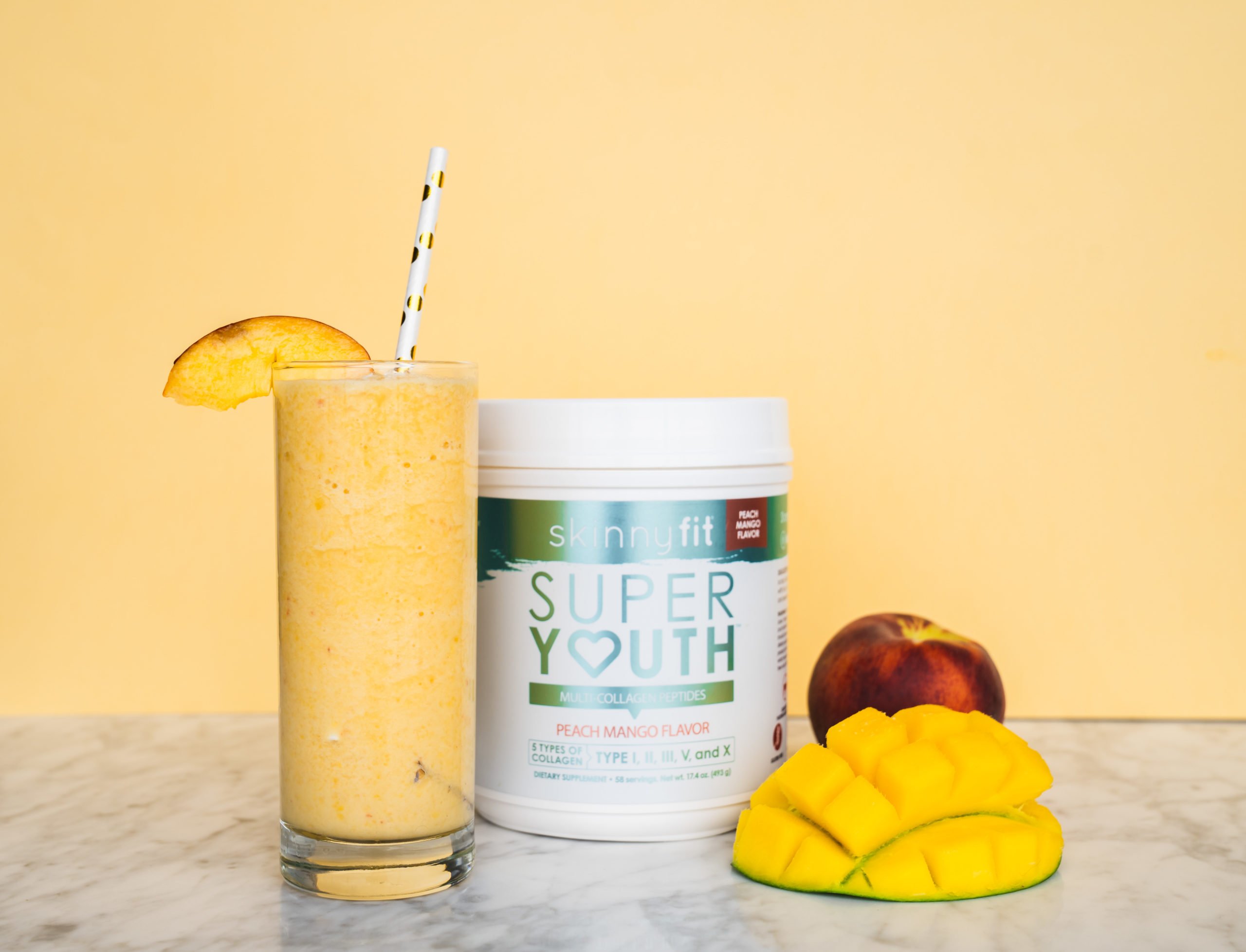 Mango smoothie made with Super Youth Peach Mango collagen peptides