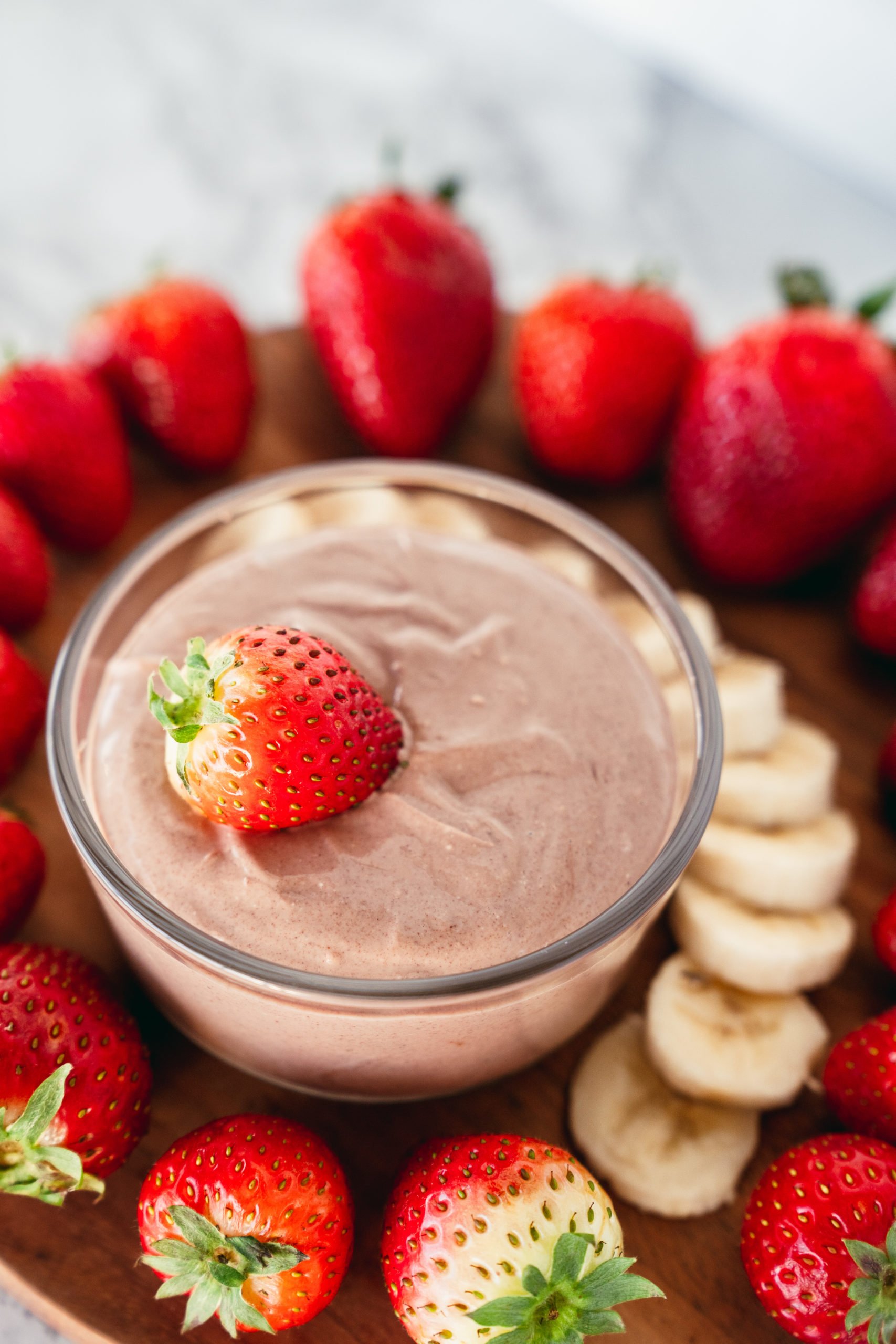 healthy fruit dip with strawberries and chocolate