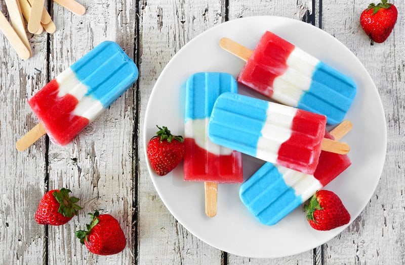 Brightly colored and delicious-looking red white and blue popsicle shot. Recipe made with unflavored Super Youth collagen peptides