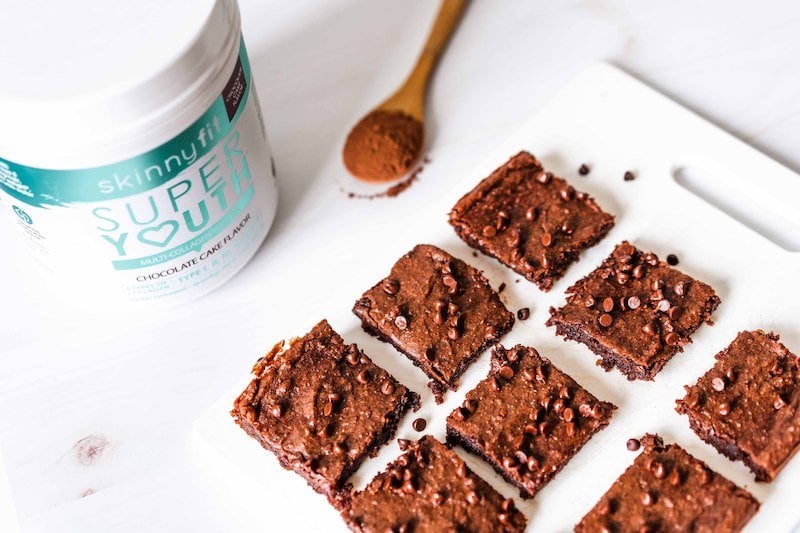 Delicious and healthy brownies made with SkinnyFit Super Youth Chocolate Cake flavored collagen, with youth-preserving properties. 
