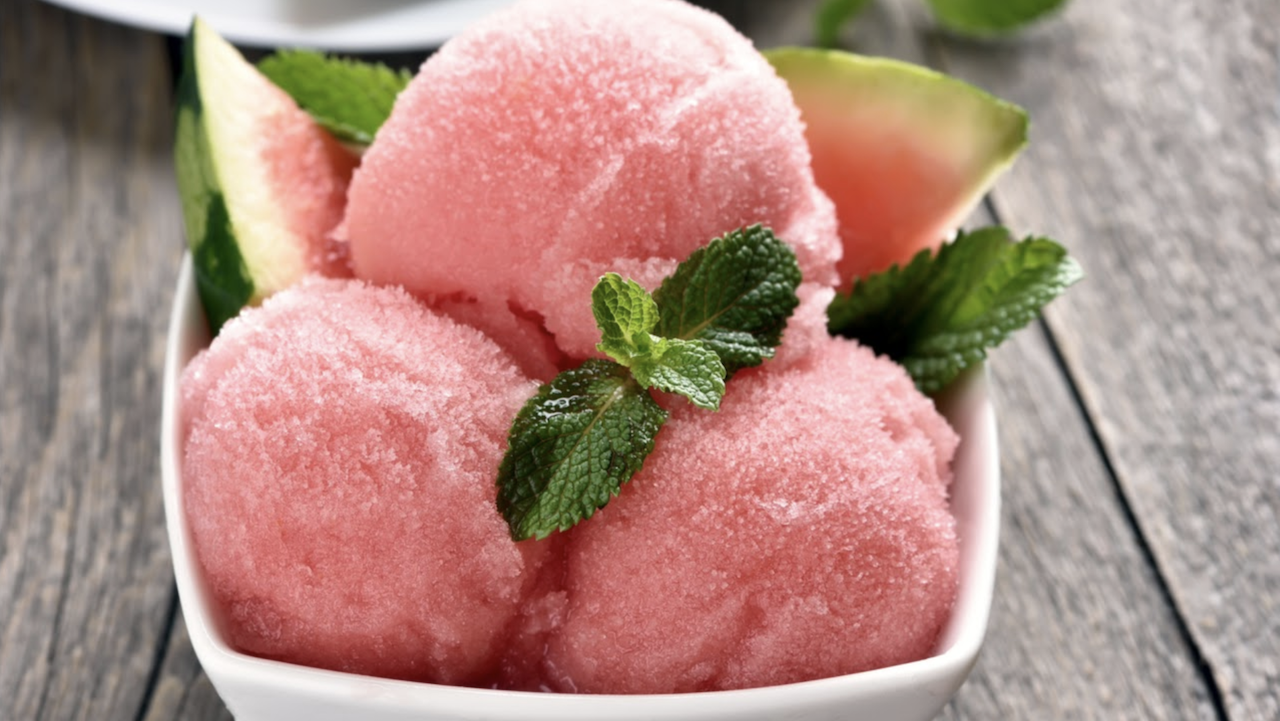Healthy watermelon sorbet with mint garnish, made with Super Youth unflavored collagen peptides