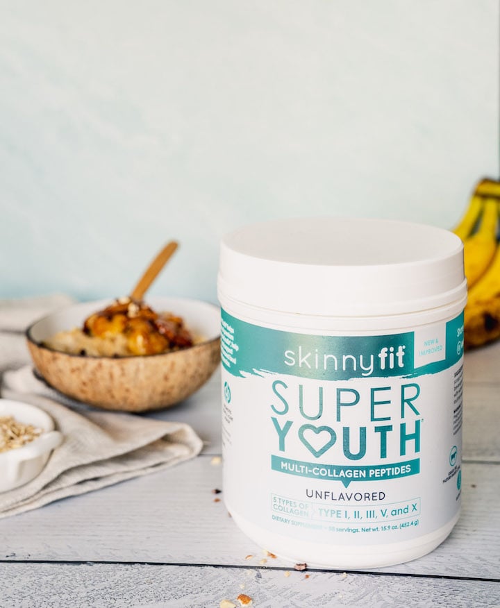 SkinnyFit Bananas Foster Oatmeal With Super Youth Collagen in the foreground.