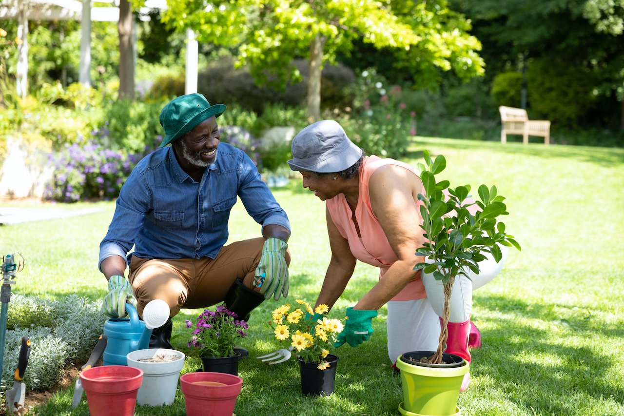 A couple gardening together in the back yard, one of the most fulfilling ways to make your home cozy for fall.