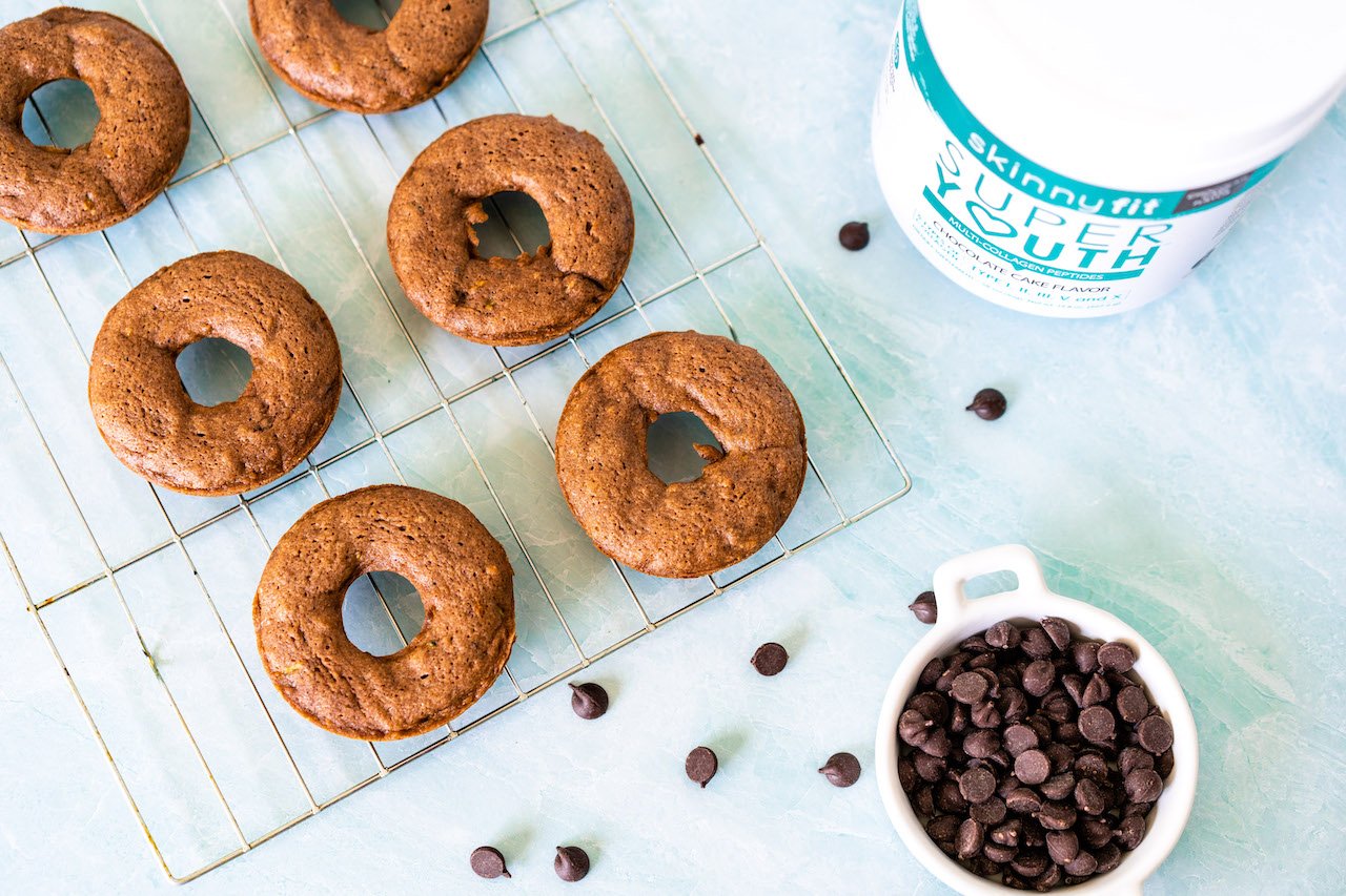 Top-down view of zucchini baked donuts with SkinnyFit Super Youth collagen peptides