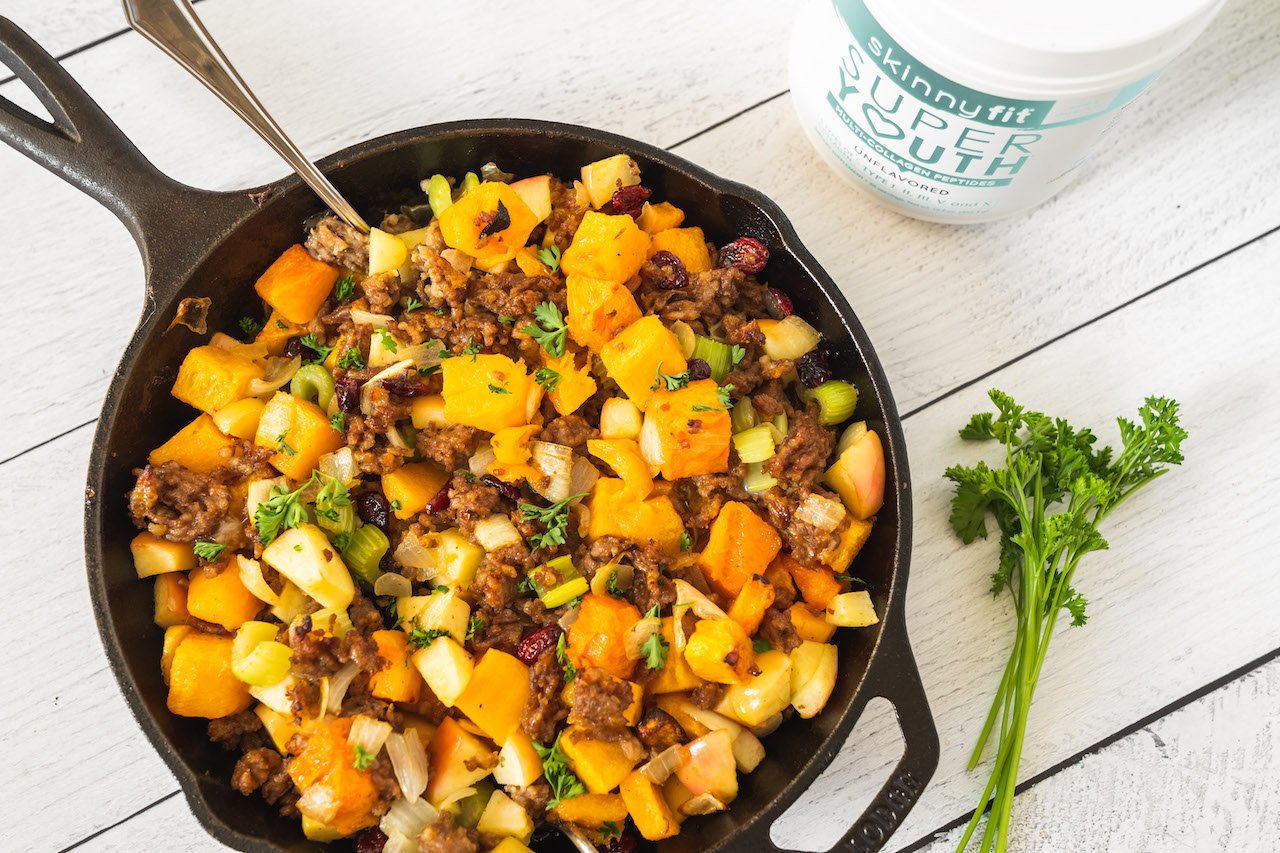 Squash-Apple-Sausage Stuffing with SkinnyFit Super Youth collagen peptides, a great option for healthy Thanksgiving sides.