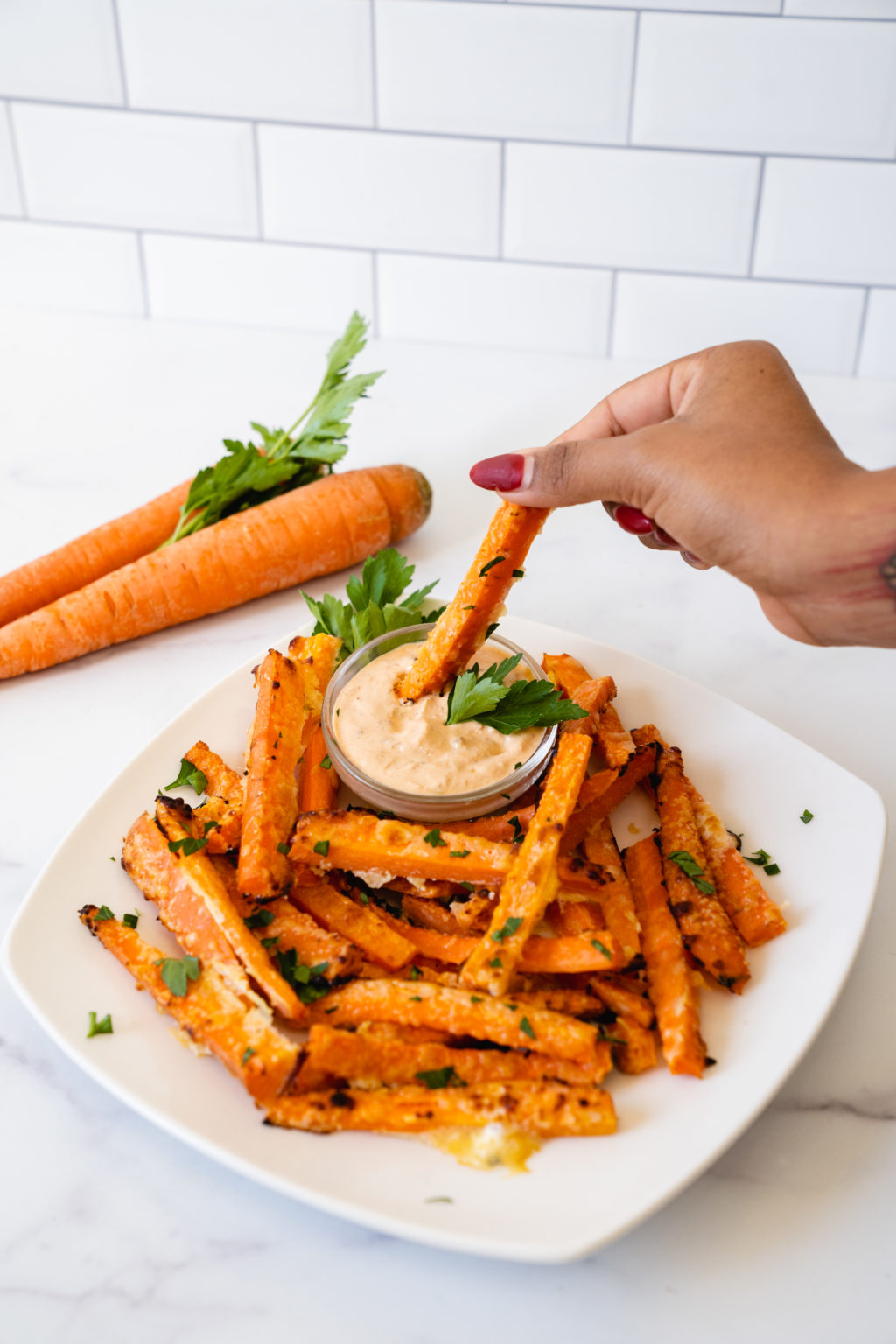 LowCarb Baked Parmesan Carrot Fries With Healthy Chipotle Dip